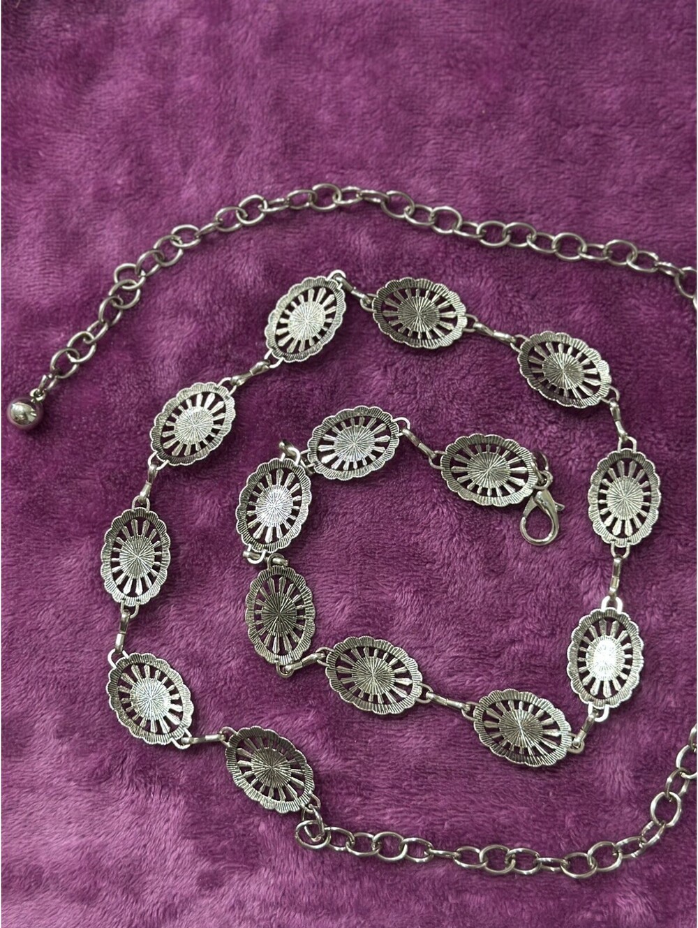 Silver Turquoise Chain Belt Geometric Stone Accents Adjustable Bohemian Western - Picture 3 of 4